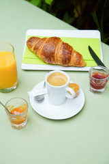 French breakfast in small cafe with inner garden. Coffee, croissant, marmelade, orange juice and fried egg with toasts, cheese and jamon on a green table
