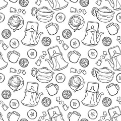 Kettle and hot tea. Slices of apple and lemon. Seamless vector pattern (background).
