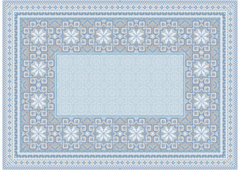 The pattern of a luxury old oriental carpet with blue and beige shades on white background