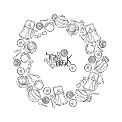 Tea Break. Frame round. Lettering. Teapot and cup. Hot drink. Fruits: apple and lemon. Isolated vector object on white background.