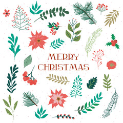Season greeting card. Christmas greeting card with winter floral. Vector illustration