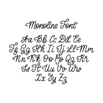 Calligraphic monoline font letters on white background. Vector hand lettering alphabet.