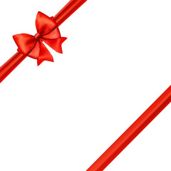 Shiny red satin ribbon on white background. Vector red bow.