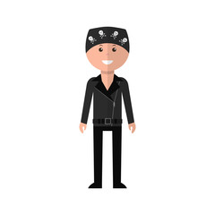 Biker cartoon character in flat style. Biker in a leather jacket and bandana stands on a white background. Icon. Vector illustration. 