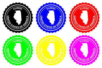Illinois - rubber stamp - vector, Illinois (United States of America) map pattern - sticker - black, blue, green, yellow, purple and red 