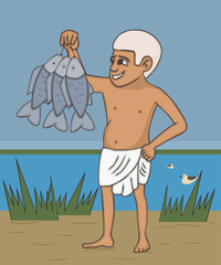 ancient Egyptian fisherman with caught fish cartoon