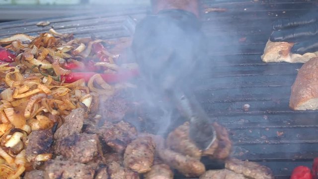 Kebabs On The Bbq Grill Turn Lid Close