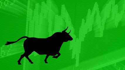 A black silhouette of a bull with a green chart in the background indicates a bullish stock market. The horns a pointing to the ascending chart.