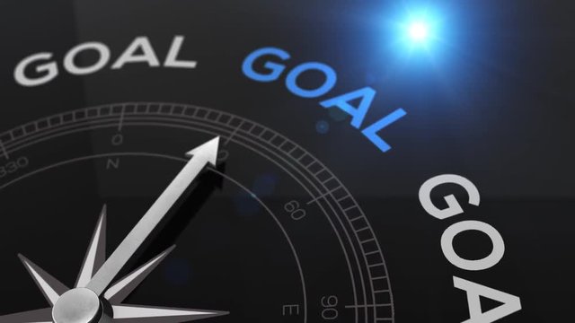 Compass with the text GOAL right path, concept video for good direction blue shiny background