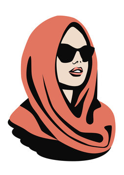 Portrait Of A Woman Wearing Butterfly Sunglasses And Head Covered By Headscarf. Fashion Sketch. Vector Image. Eps 10.
