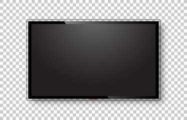 Realistic TV screen. Modern stylish lcd panel, led type. Large computer monitor display mockup. Blank television template. Graphic design element for catalog, web site, as mock up. Vector illustration