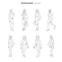 Group of people standing. Black and white outline sketch vector. Business men and women cartoon style characters isolated.