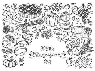 Happy Thanksgiving Day Greeting Card. Cakes, Fruits, Vegetables, Berries. Autumn Harvest symbols. Hand Drawn Doodle Apple pie, Pumpkin pie, Pumpkins, Corn, Grapes, Chestnuts, Apples, Leaves, Flowers