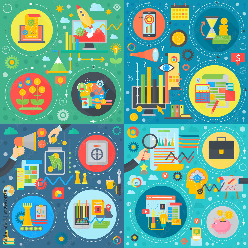 Poster business, technology trendy flat concepts set. teamwork, finance analysis, successful fresh idea and