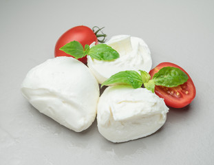 Traditional Italian mozzarella cheese with herbs and tomatoes on gray background.