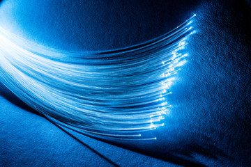 Bundle of optical fibers with lights in the ends. Blue background.