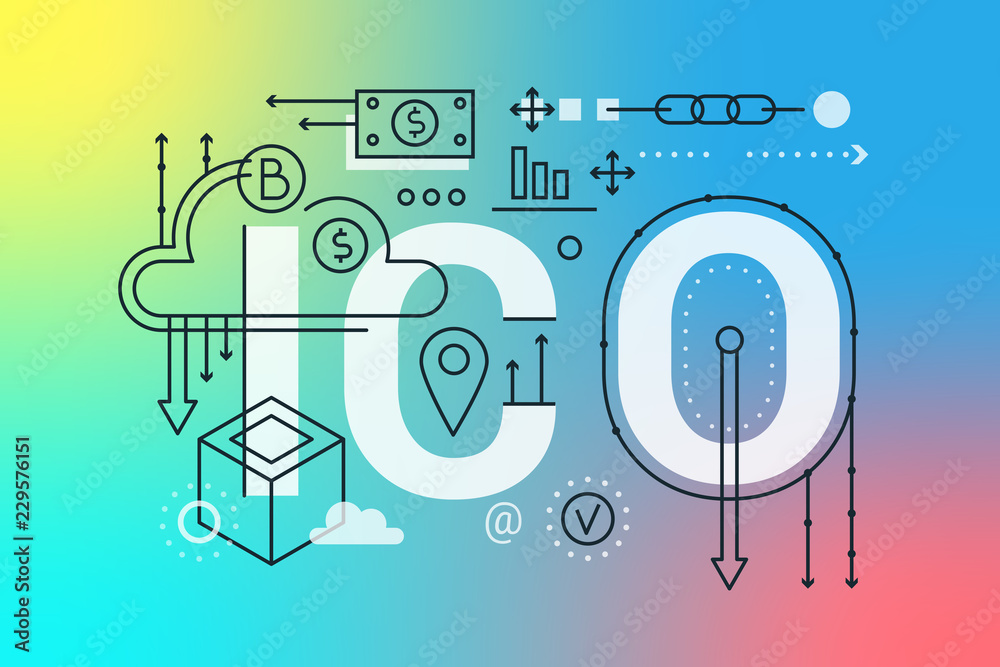 Aufkleber ico word trendy composition concept banner. outline trendy gradient background of initial coin offer