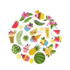 Vector flat cute summer elements, cocktails, flamingo, palm leaves in circle shape illustration