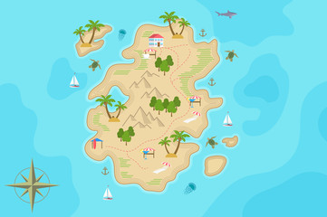 Pirate fantasy cartoon island map. Vector Treasure island.