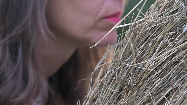Donna annusa fieno appena raccolto
