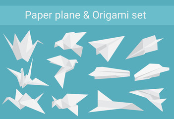 Vector set of paper planes airplane and cranes origami birds.