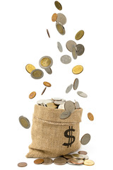 Coins falling  into sack bag