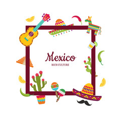 Naklejka premium Vector flat Mexico attributes flying around frame with place for text illustration