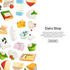 Vector cartoon dairy and cheese products background with place for text illustration. Food web banner