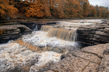 Aysgarth Falls are a triple flight of waterfalls, surrounded by forest carved out by the River Ure over an almost one-mile stretch on its descent to mid-Wensleydale in the Yorkshire Dales