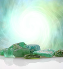 Green Healing Stones Background - large white central spiral with green outer field, and a...