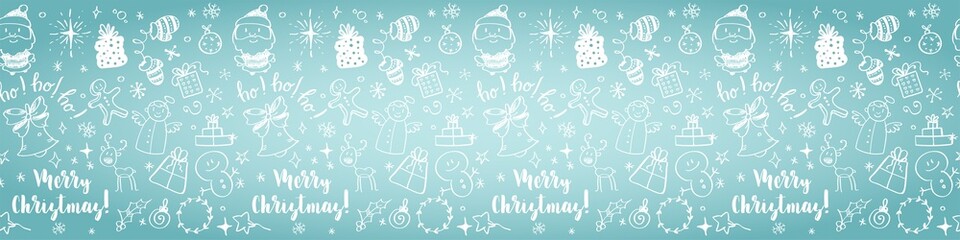 Hand drawn doodle illustration. Stripe ornaments and Illustrator pattern included. Snowflakes, fir-tree branch, snowman, christmas balls, cones, present box.