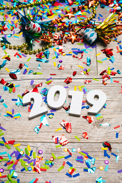 NYE2019: Simple 2019 New Year Wood Numbers On Confetti