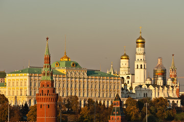 Fototapeta premium Smoggy sky over Moscow Kremlin. Golden light of autumn.