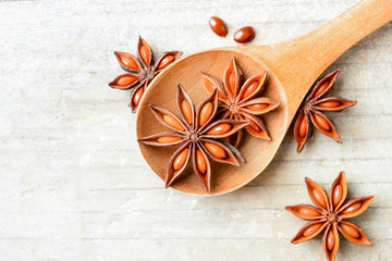 star anise fruits in the wooden spoon, on the board, top view