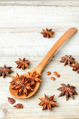 star anise fruits on the wooden board