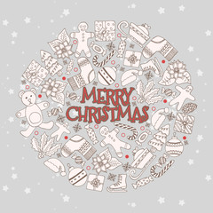 Vector pattern with hand drawn fir trees, gift, bows, christmas toys. Seasonal winter background on the white paper