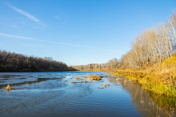 Fototapeta premium Morning on the calm river with forest on their bank