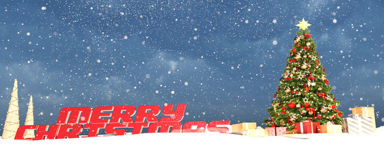 Christmas tree decorate in winter snow for christmas,3d illustration banner design