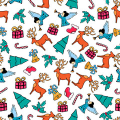 Angel, deer, mistletoe, bell. Christmas seamless pattern. Festive design for the New Year 2019 in doodle style..