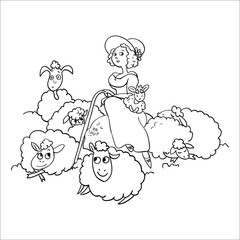 Shepherdess and sheeps. Vector cartoon characters. 