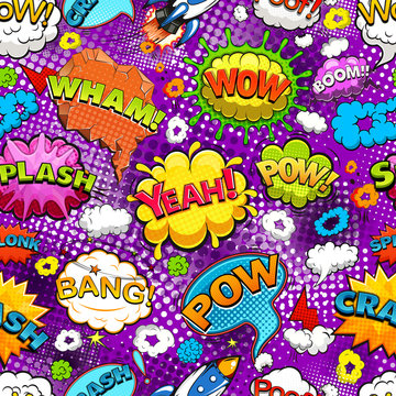 Comic speech bubbles seamless pattern on violet background vector illustration