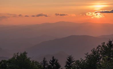 Great Smoky Mountains National Park, North Carolina, USA - July 4, 2018: Mountain layers full of colorful foliage right after sunset in the Great Smoky Mountains