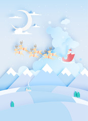 Fototapeta na wymiar Santa claus on the sleigh with beautiful sky in paper art and pastel schenme
