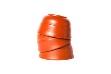 Stack of brown clay cups. Concept of tea ceremony, breakfast, tea