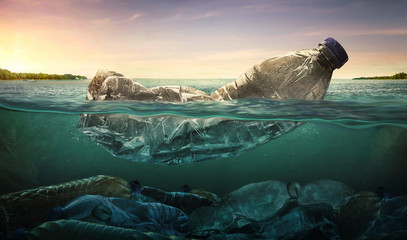 Plastic water bottles pollution in ocean (Environment concept)