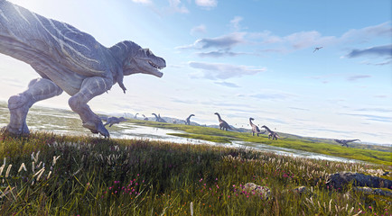 A 3D rendering of a pack of Tyrannosaurus Rex chasing down a herd of Alamosaurus in the wetlands of Hell Creek.