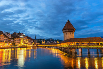 Fototapeta na wymiar Lucerne (Luzern) Switzerland, Sunset city skyline at Chapel Bridge