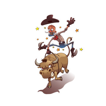 Cowboy riding a bull. Fun Cartoon Style Design. Vector illustration, eps 10.