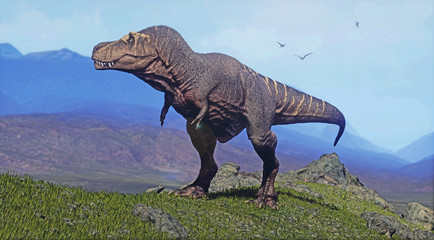 A 3D rendering of Tyrannosaurus Rex standing in front of a mountain back drop.