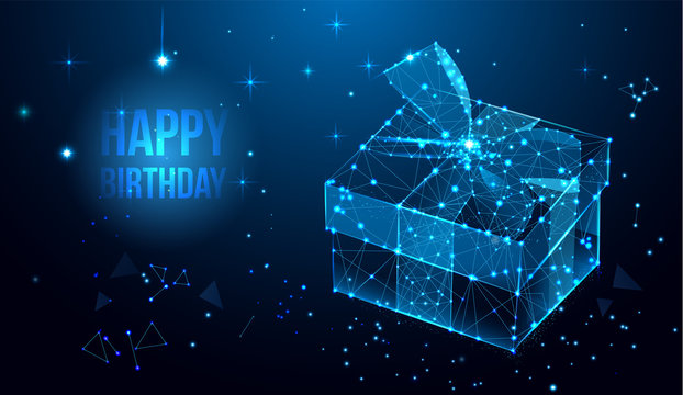 Happy Birthday vector design for greeting cards and poster with gift box, ribbon. Geometric polygonal greeting card.  Low polygon.